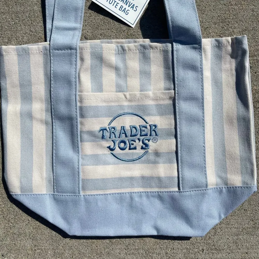 Set of 3 Trader Joe’s Canvas Tote Bag Large Size NAVY BLUE + Mini PASTEL STRIPES